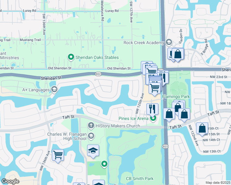 map of restaurants, bars, coffee shops, grocery stores, and more near 2099 Northwest 127th Avenue in Pembroke Pines