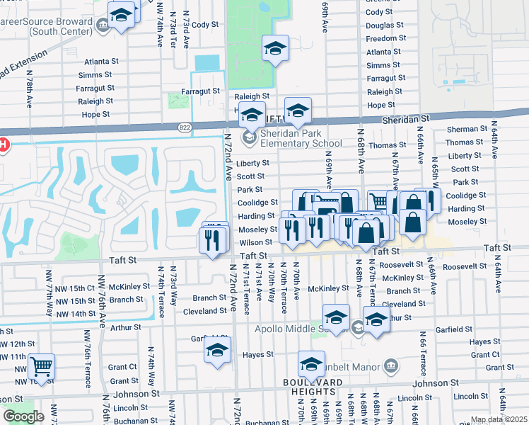 map of restaurants, bars, coffee shops, grocery stores, and more near 7101 Harding Street in Hollywood