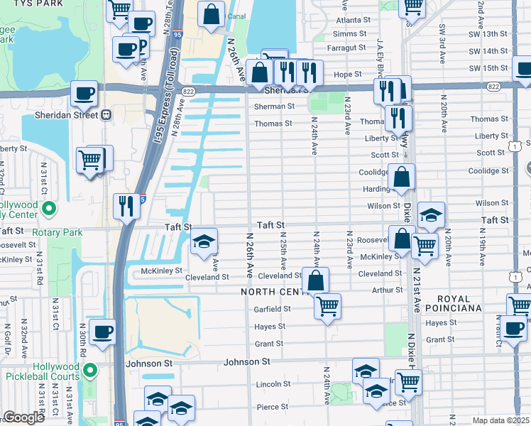 map of restaurants, bars, coffee shops, grocery stores, and more near 2526 Wilson Street in Hollywood