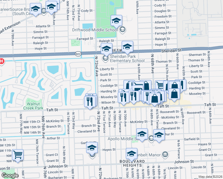 map of restaurants, bars, coffee shops, grocery stores, and more near 7101 Harding Street in Hollywood