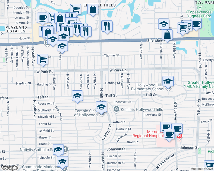 map of restaurants, bars, coffee shops, grocery stores, and more near 1800 North 45th Avenue in Hollywood