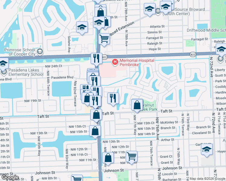 map of restaurants, bars, coffee shops, grocery stores, and more near 7967 Northwest 19th Court in Pembroke Pines