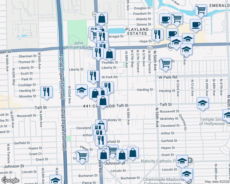 map of restaurants, bars, coffee shops, grocery stores, and more near 5900 Harding Street in Hollywood