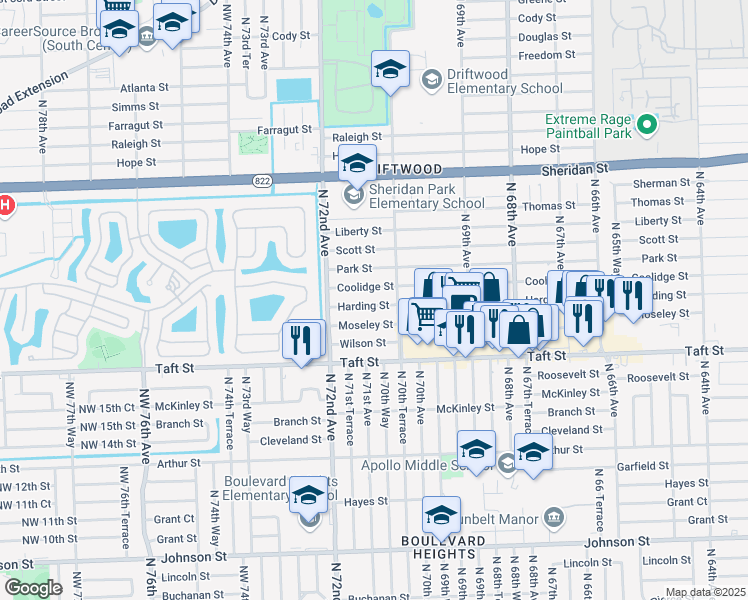 map of restaurants, bars, coffee shops, grocery stores, and more near 7101 Harding Street in Hollywood