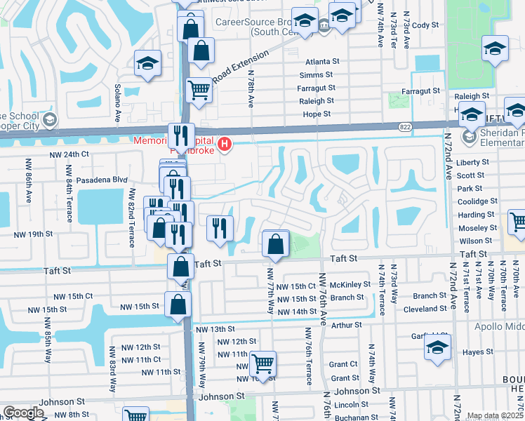 map of restaurants, bars, coffee shops, grocery stores, and more near 7830 Northwest 19th Court in Pembroke Pines