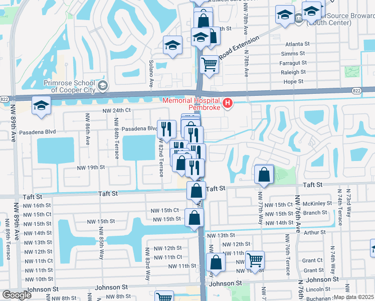 map of restaurants, bars, coffee shops, grocery stores, and more near 2041 Northwest 81st Avenue in Pembroke Pines