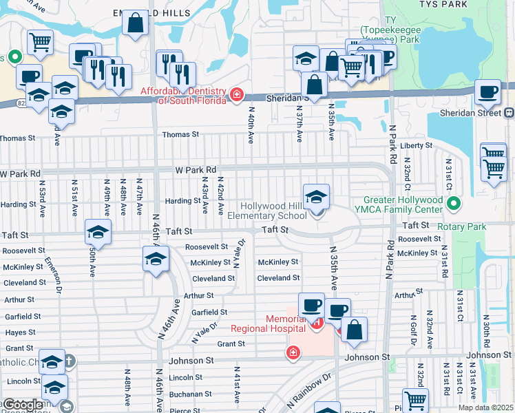 map of restaurants, bars, coffee shops, grocery stores, and more near 1806 North 40th Avenue in Hollywood