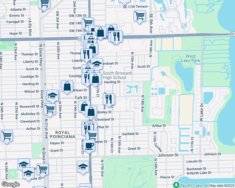 map of restaurants, bars, coffee shops, grocery stores, and more near 1715 North 16th Avenue in Hollywood