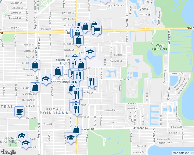 map of restaurants, bars, coffee shops, grocery stores, and more near 1625 Taft Street in Hollywood