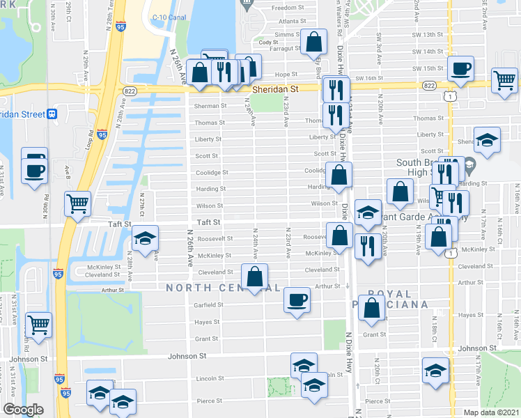 map of restaurants, bars, coffee shops, grocery stores, and more near 1710 North 24th Avenue in Hollywood