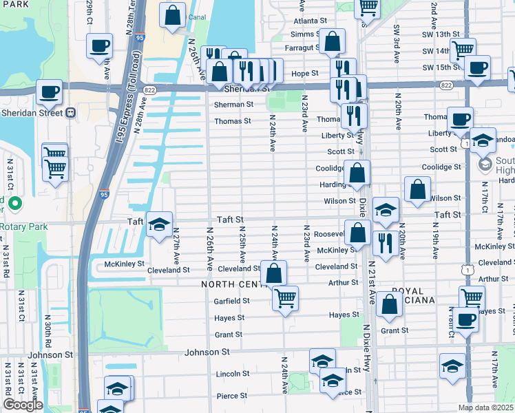map of restaurants, bars, coffee shops, grocery stores, and more near 2446 Wilson Street in Hollywood