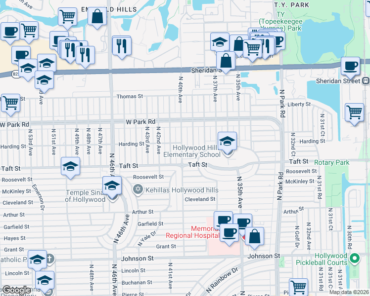 map of restaurants, bars, coffee shops, grocery stores, and more near 1806 North 40th Avenue in Hollywood