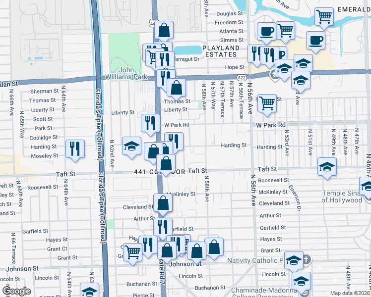 map of restaurants, bars, coffee shops, grocery stores, and more near 5900 Harding Street in Hollywood