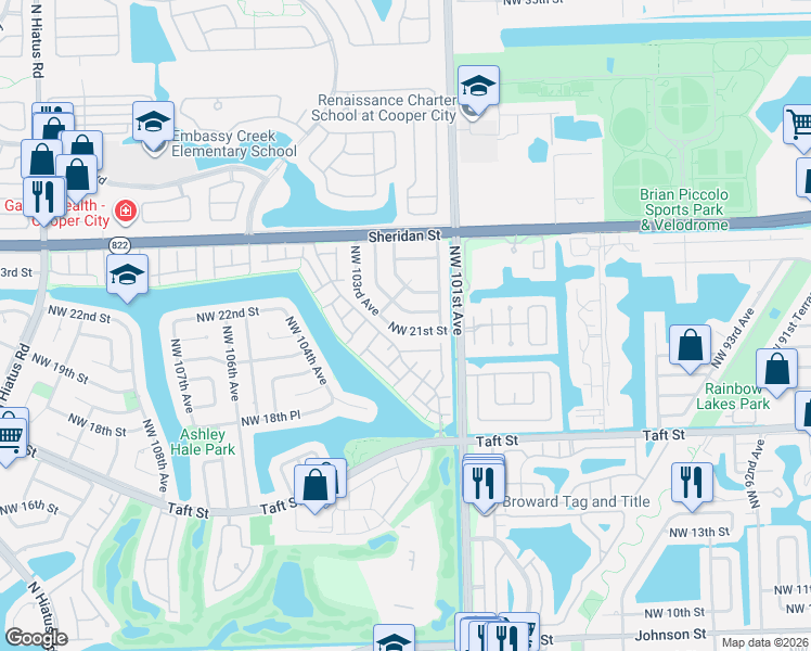 map of restaurants, bars, coffee shops, grocery stores, and more near 10166 Northwest 103rd Avenue in Pembroke Pines