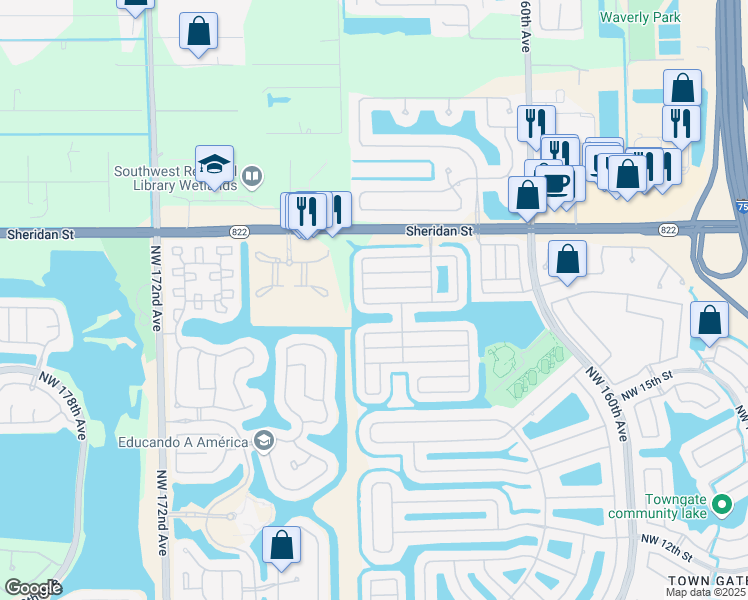 map of restaurants, bars, coffee shops, grocery stores, and more near 2106 Northwest 166th Avenue in Pembroke Pines
