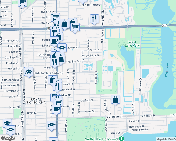 map of restaurants, bars, coffee shops, grocery stores, and more near 1515 South Trafalgar Circle in Hollywood