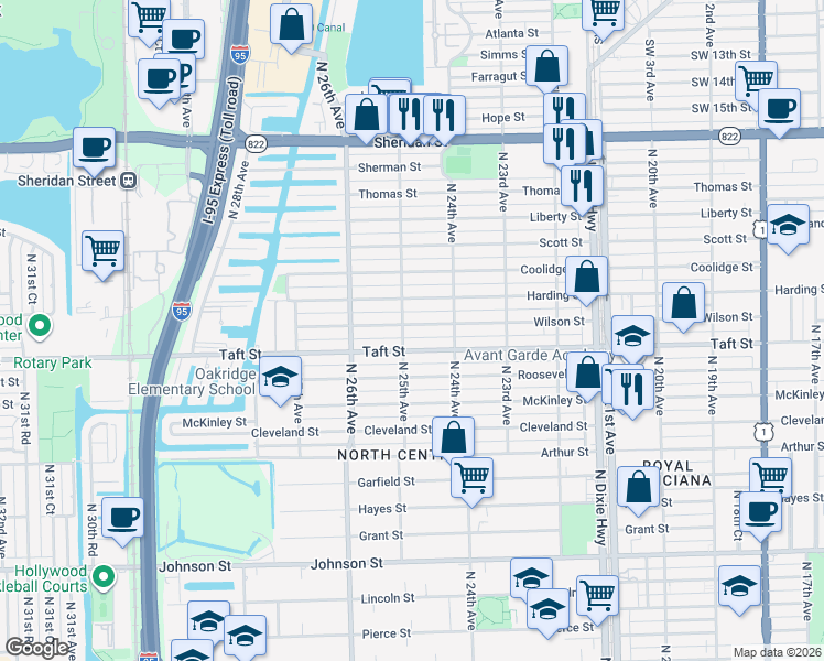 map of restaurants, bars, coffee shops, grocery stores, and more near 2446 Wilson Street in Hollywood