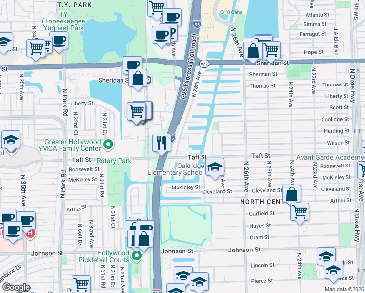map of restaurants, bars, coffee shops, grocery stores, and more near 2761 Taft Street in Hollywood