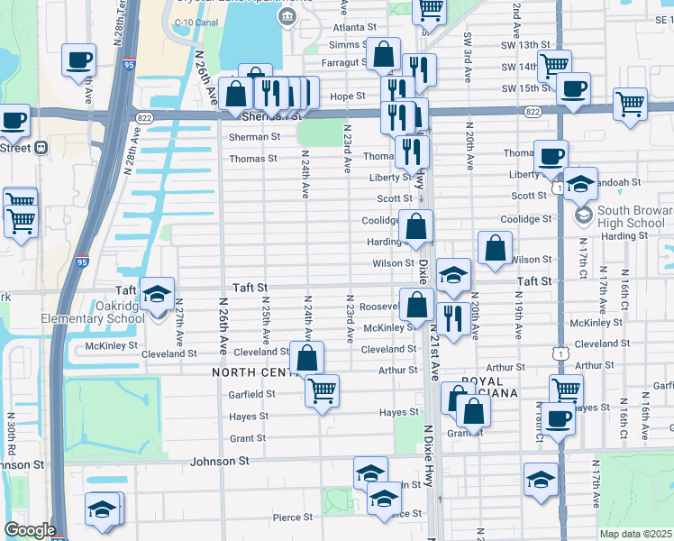 map of restaurants, bars, coffee shops, grocery stores, and more near 2314 Wilson St in Hollywood