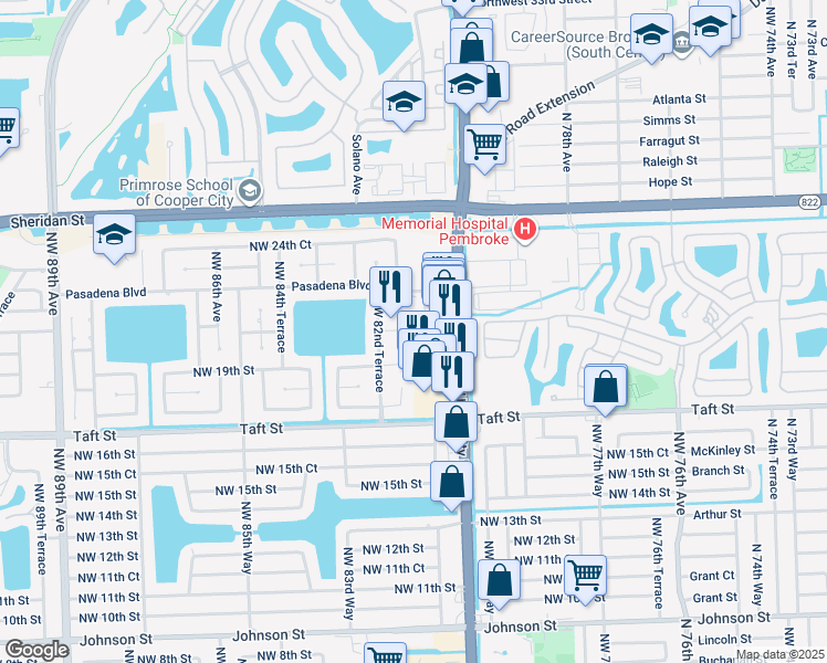 map of restaurants, bars, coffee shops, grocery stores, and more near 2041 Northwest 81st Avenue in Pembroke Pines