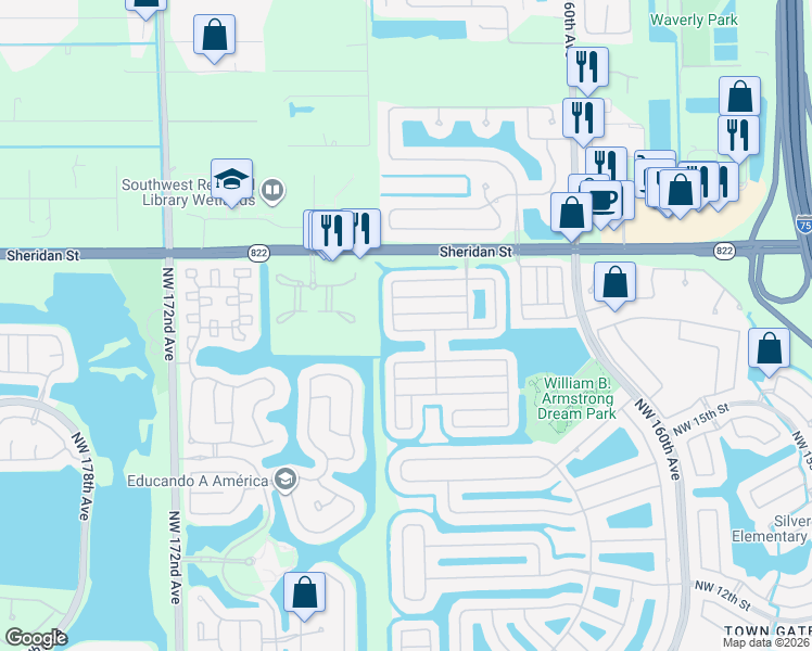 map of restaurants, bars, coffee shops, grocery stores, and more near 2106 Northwest 166th Avenue in Pembroke Pines