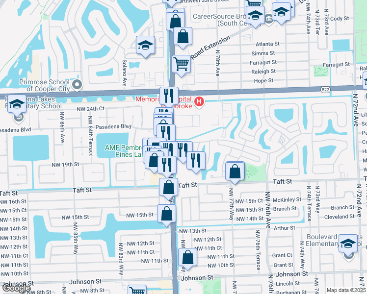 map of restaurants, bars, coffee shops, grocery stores, and more near 1957 Northwest 79th Way in Pembroke Pines