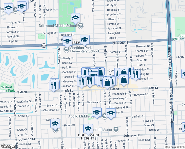 map of restaurants, bars, coffee shops, grocery stores, and more near 6940 Harding Street in Hollywood
