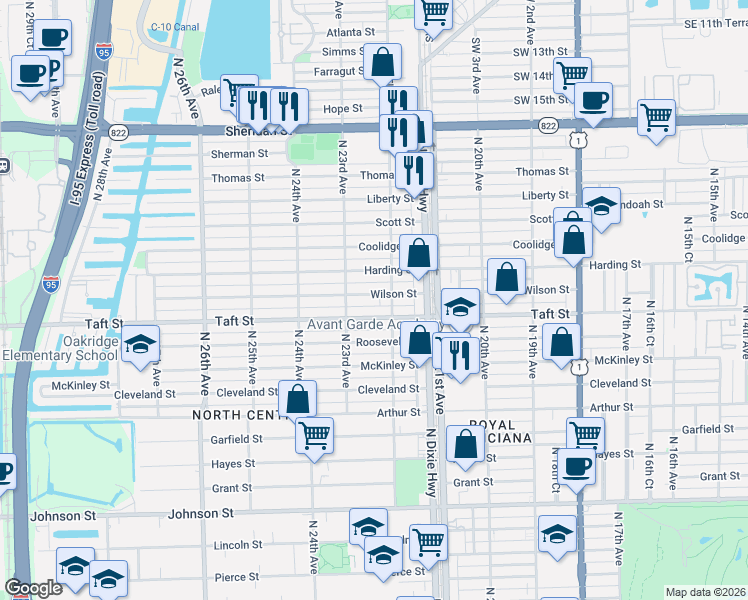 map of restaurants, bars, coffee shops, grocery stores, and more near 2229 Taft Street in Hollywood