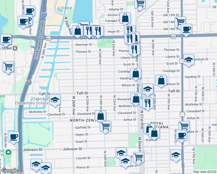 map of restaurants, bars, coffee shops, grocery stores, and more near 2314 Wilson Street in Hollywood