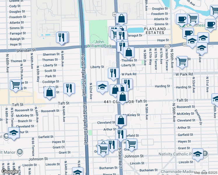 map of restaurants, bars, coffee shops, grocery stores, and more near 1891 North 61st Avenue in Hollywood