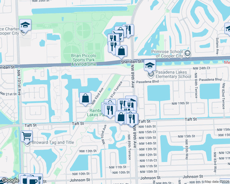 map of restaurants, bars, coffee shops, grocery stores, and more near 9020 Northwest 21st Street in Pembroke Pines