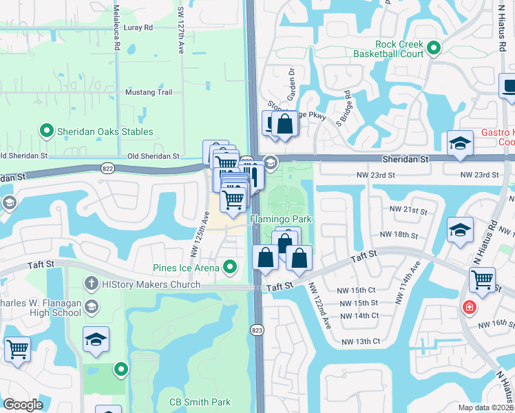 map of restaurants, bars, coffee shops, grocery stores, and more near 2171 North Flamingo Road in Pembroke Pines