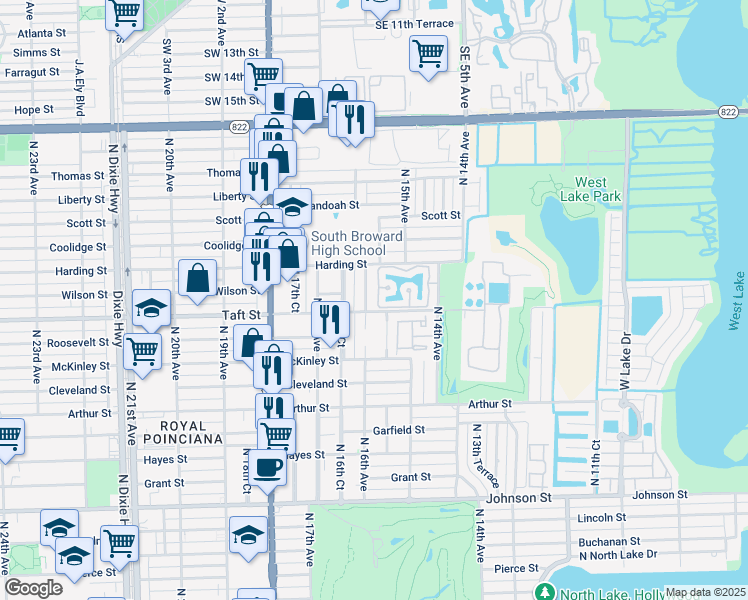 map of restaurants, bars, coffee shops, grocery stores, and more near 1715 North 16th Avenue in Hollywood