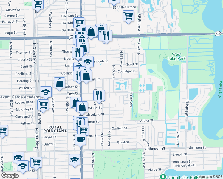 map of restaurants, bars, coffee shops, grocery stores, and more near 1715 North 16th Avenue in Hollywood