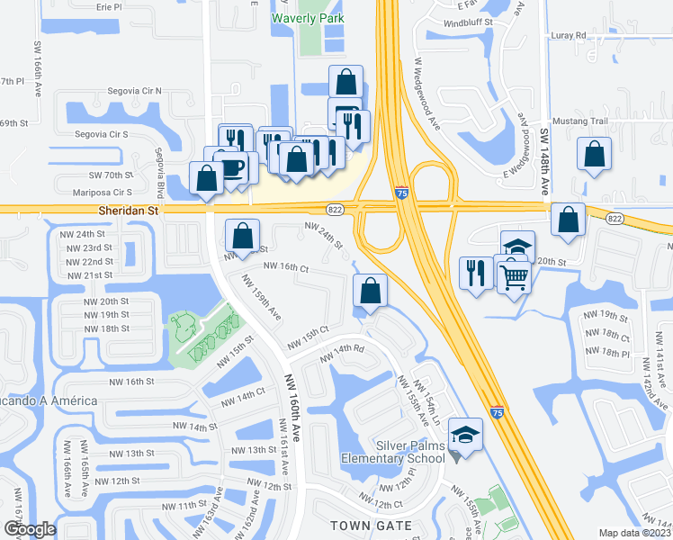 map of restaurants, bars, coffee shops, grocery stores, and more near 15725 Northwest 16th Court in Pembroke Pines