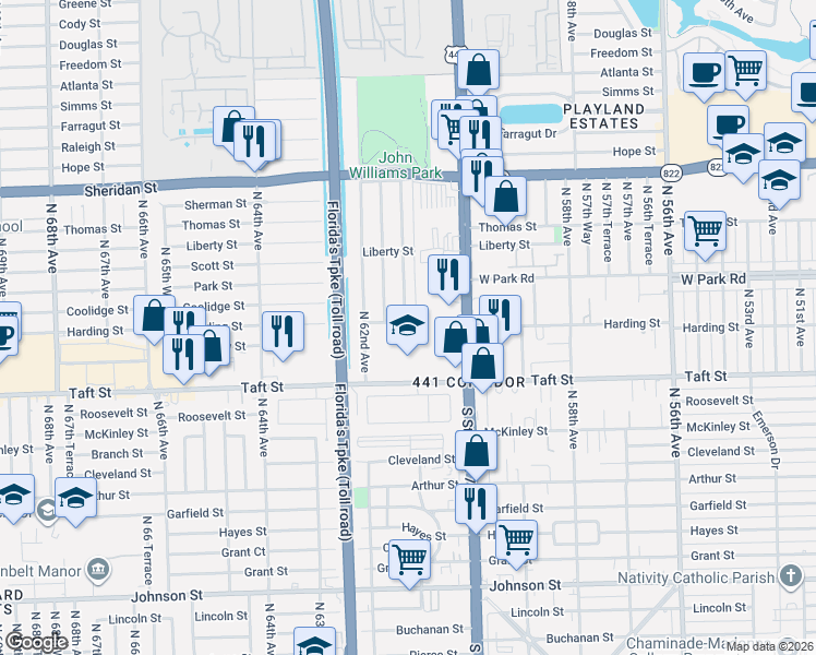 map of restaurants, bars, coffee shops, grocery stores, and more near 6130 Harding Street in Hollywood