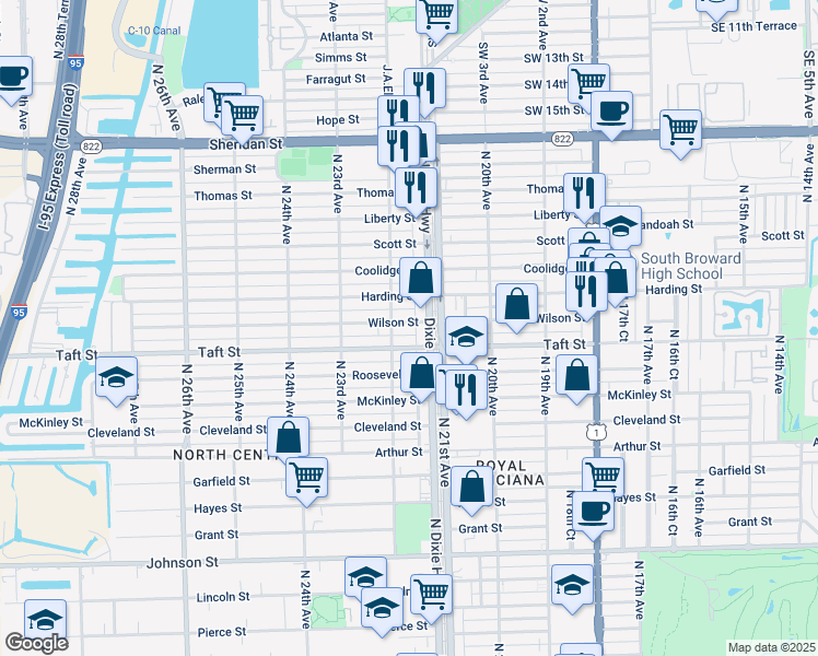 map of restaurants, bars, coffee shops, grocery stores, and more near 1709 North 22nd Avenue in Hollywood
