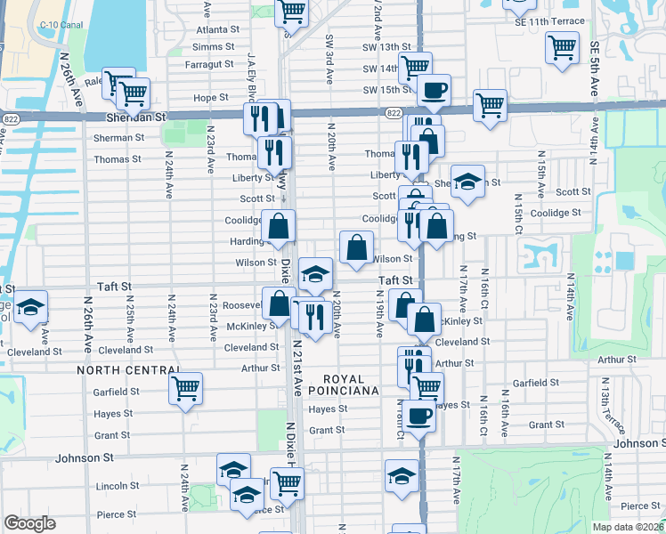 map of restaurants, bars, coffee shops, grocery stores, and more near 2025 Taft Street in Hollywood