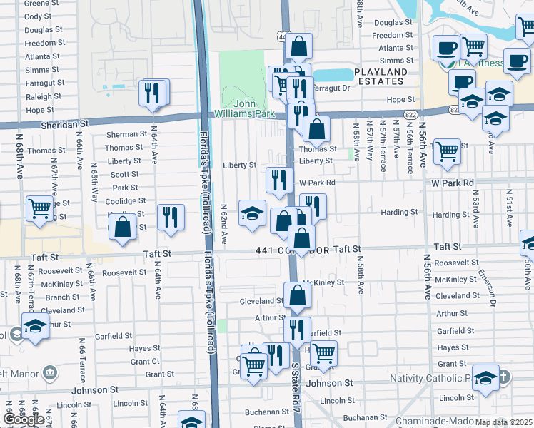 map of restaurants, bars, coffee shops, grocery stores, and more near 1891 North 61st Avenue in Hollywood