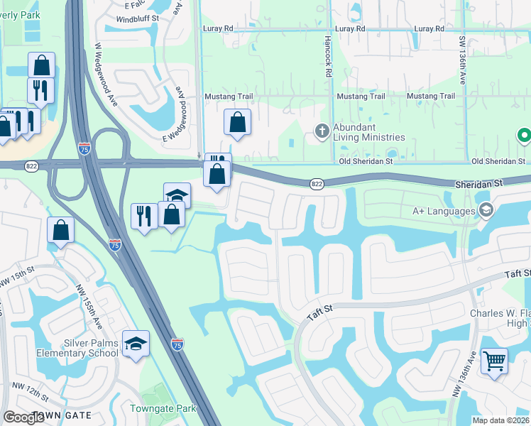 map of restaurants, bars, coffee shops, grocery stores, and more near 14226 Northwest 21st Street in Pembroke Pines