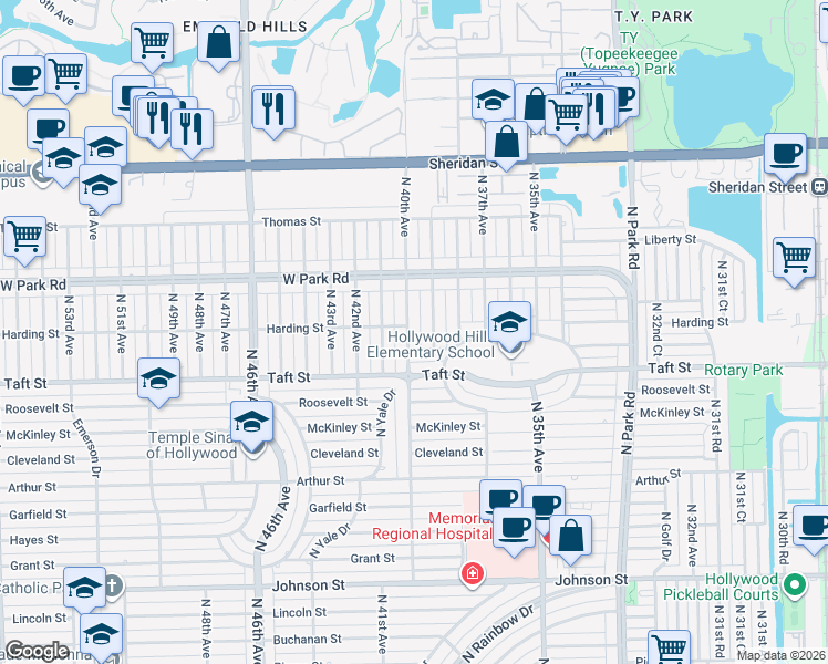 map of restaurants, bars, coffee shops, grocery stores, and more near 1806 North 40th Avenue in Hollywood