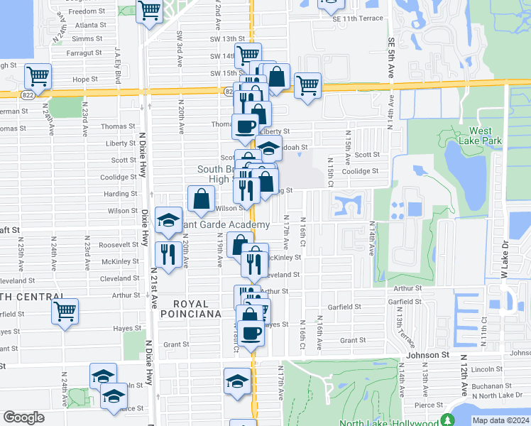 map of restaurants, bars, coffee shops, grocery stores, and more near 1719 Taft Street in Hollywood