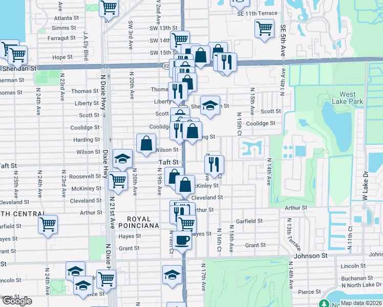 map of restaurants, bars, coffee shops, grocery stores, and more near 1719 Taft Street in Hollywood