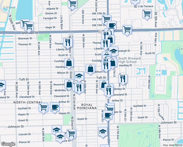 map of restaurants, bars, coffee shops, grocery stores, and more near 1927 Taft Street in Hollywood