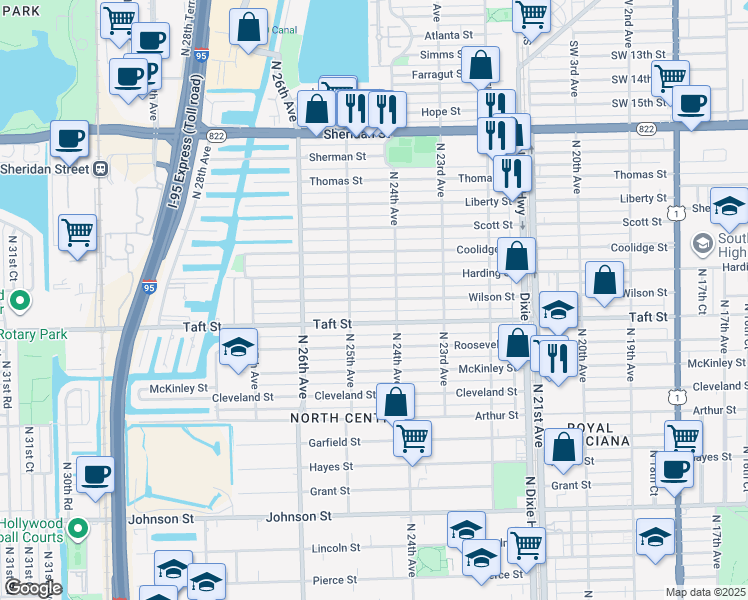 map of restaurants, bars, coffee shops, grocery stores, and more near 2446 Wilson Street in Hollywood