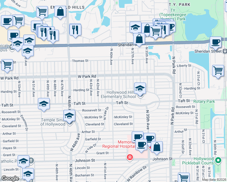map of restaurants, bars, coffee shops, grocery stores, and more near 1806 North 40th Avenue in Hollywood