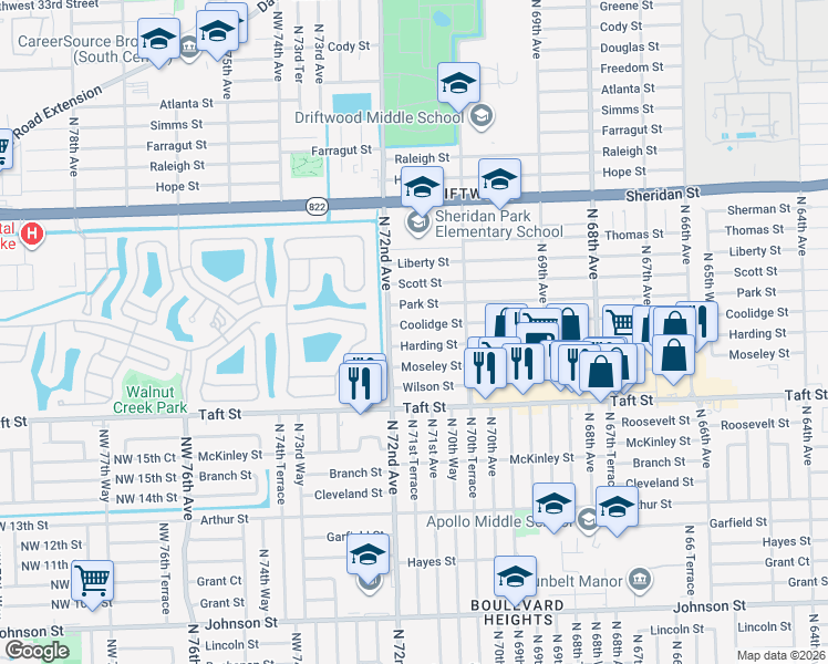 map of restaurants, bars, coffee shops, grocery stores, and more near 7181 Harding Street in Hollywood