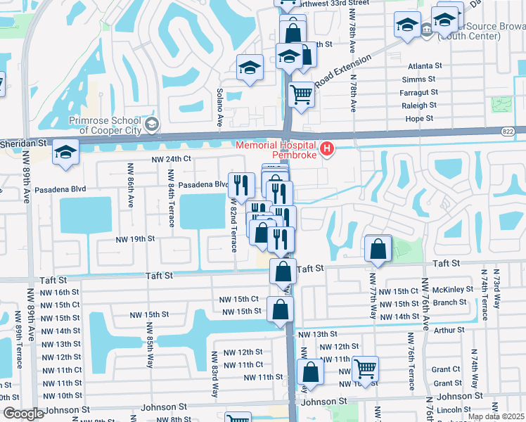 map of restaurants, bars, coffee shops, grocery stores, and more near 2041 Northwest 81st Avenue in Pembroke Pines