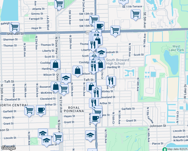 map of restaurants, bars, coffee shops, grocery stores, and more near in Hollywood