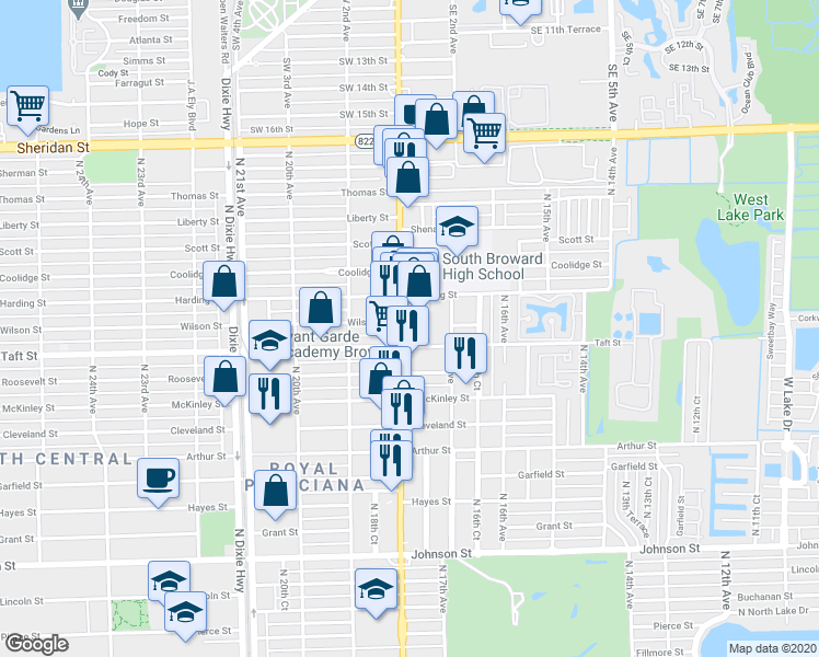 map of restaurants, bars, coffee shops, grocery stores, and more near in Hollywood